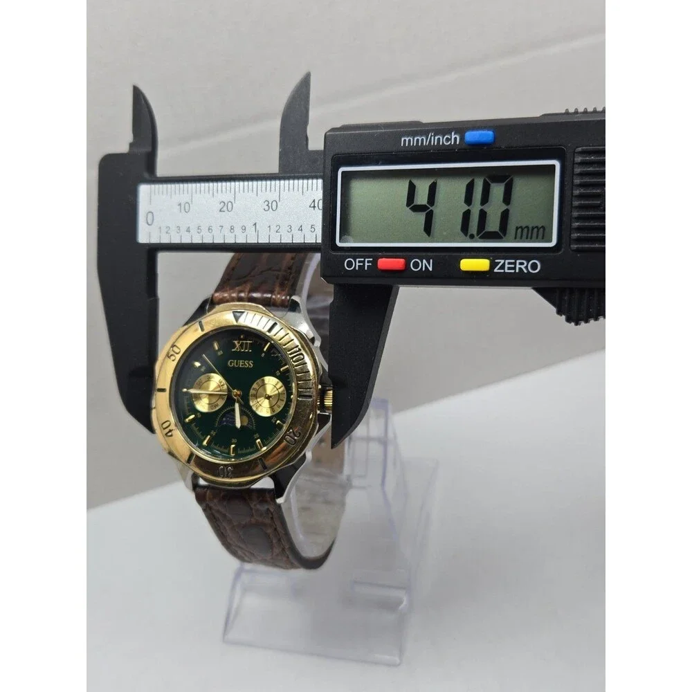 Vintage Guess 41mm Waterpro Moon Phase Day Date Green Mens Watch New Battery
